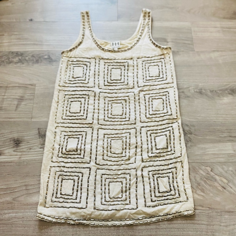 Haute Hippie Metallic Bead Embellished Silk Linen Tunic Mini Dress SzS Boho Luxe